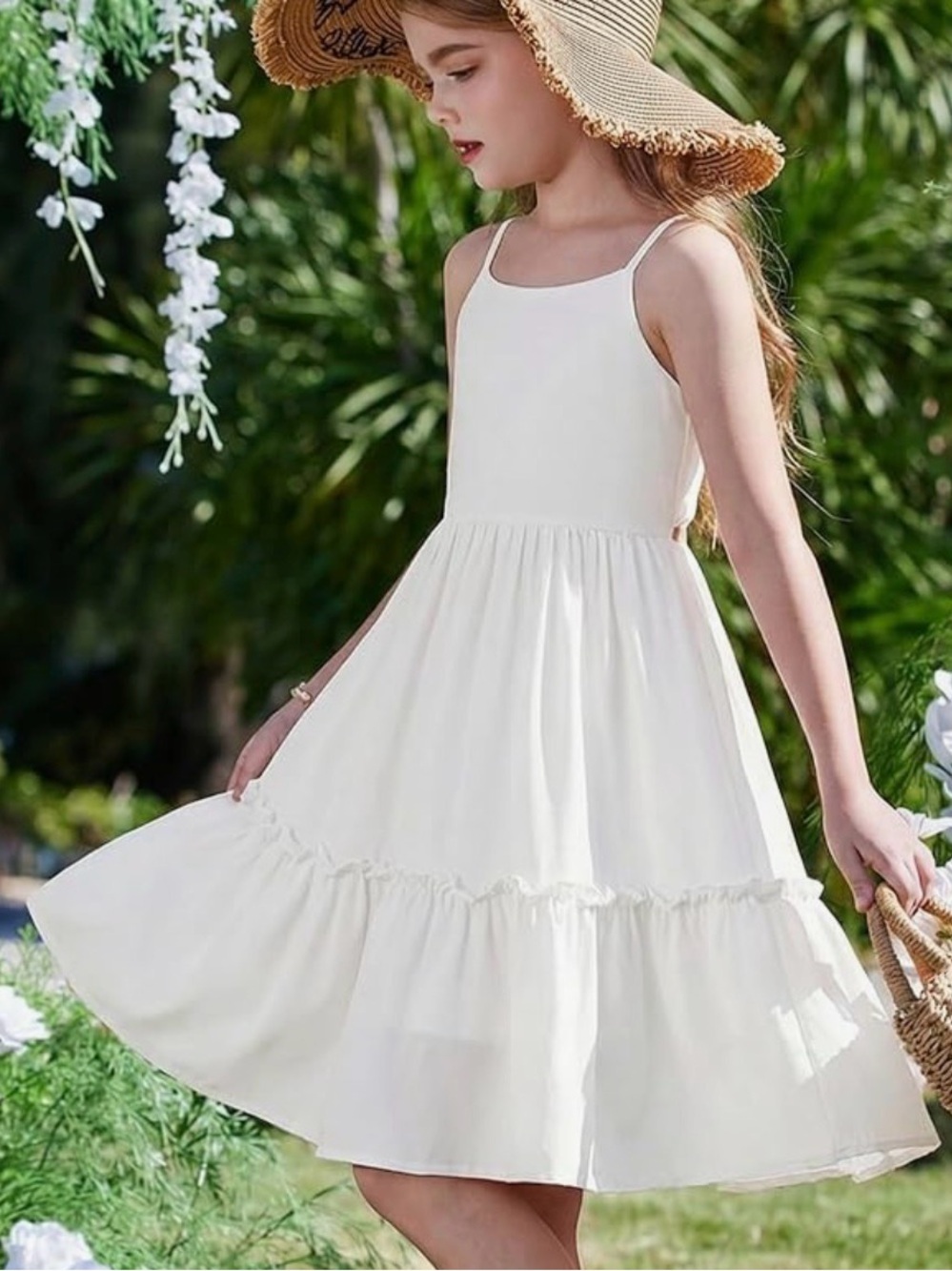 NWT Arshiner Girls' White Spaghetti-Strap Ruffle-Hem Summer Dress, 8-9 yrs old